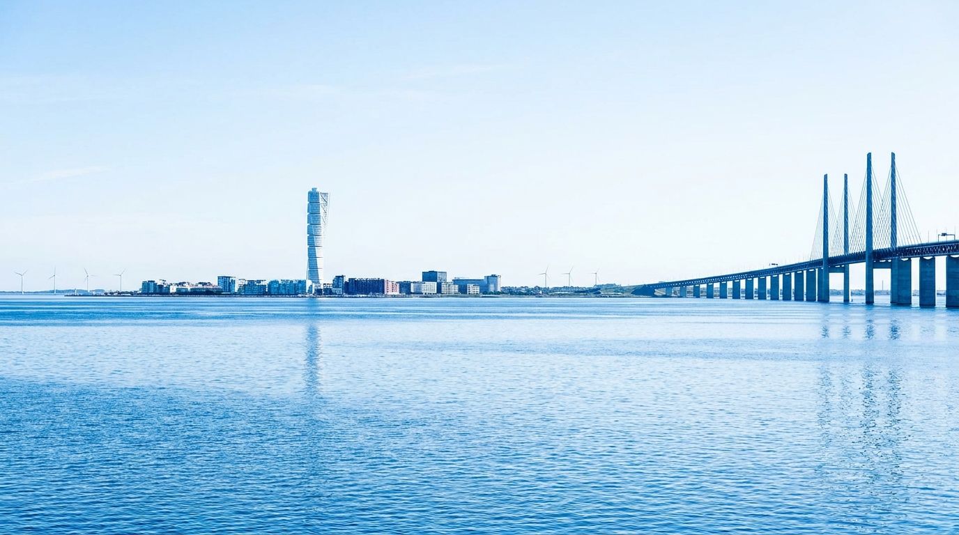 The Öresund strait at Malmö on a bright day, with the Turning Torso tower on the skyline and the Öresund bridge crossing to the right