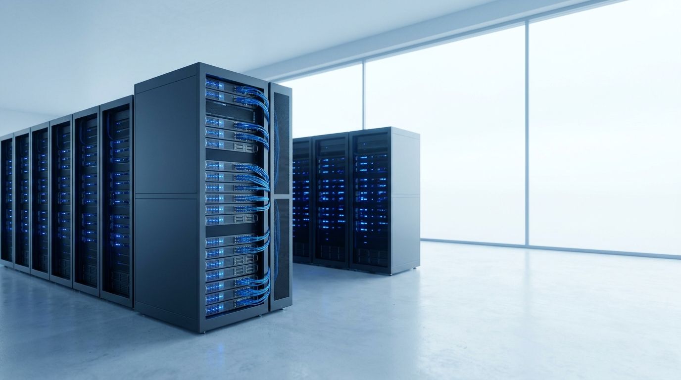 Bright modern server room with dark racks, blue indicator lights and Nordic daylight from a large window